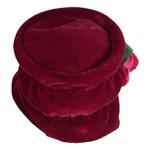 Burgundy Red Velvet Floppy Scrunchy Bucket Cloche Hat + Pink Rose Union Made USA - Picture 3 of 7